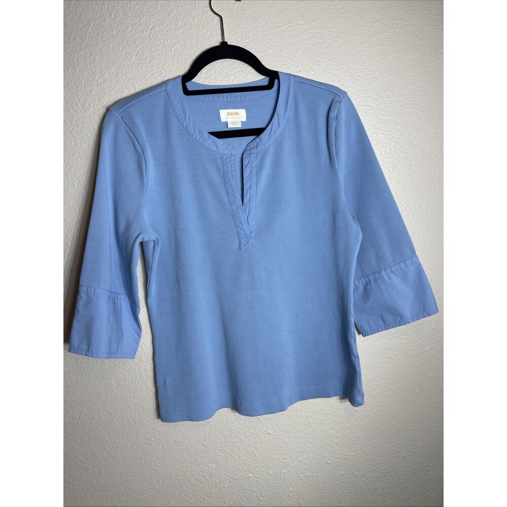 Anthropologie Maeve Top Women Large  Blue 3/4 Sleeve V Neck Popover Cuffed